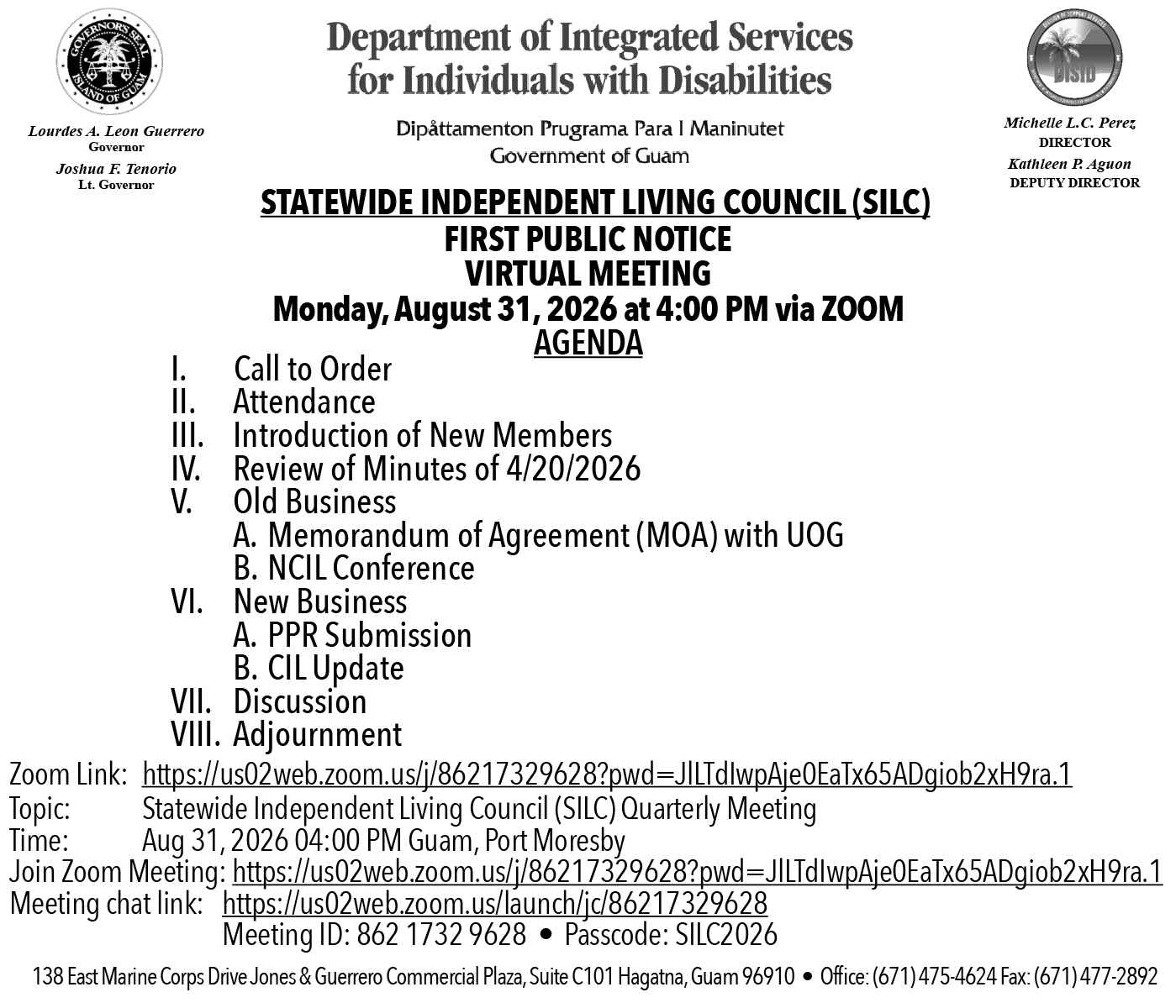 Statewide Independent Living Council First Public Notice for the August 31, 2026 virtual meeting. Full meeting details and accessible Zoom link are provided below.